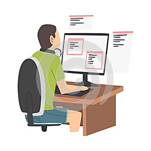 Man as Software Developer or Programmer Engaged in Coding in Server-side Framework on Computer Vector Illustration