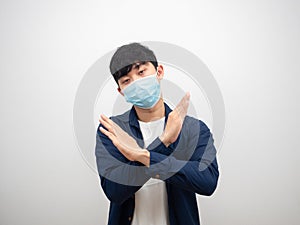 Man asian with mask cross arms looking at camera people sick concept on white background