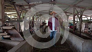 man asian wearing a cowboy hat while checking cow shed