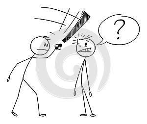 Man Asking Question, Another Man Beating Him by Exclamation Mark, Vector Cartoon Stick Figure Illustration