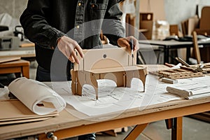A man assembles a cardboard 3D model