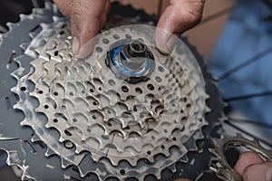 A man assembles a sprocket cassette into the rear hub of a mountain bike. Servicing and overhauling a mountain bicycle drivetrain