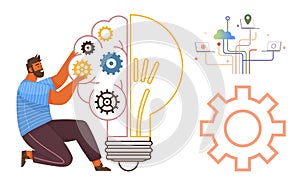 Man Assembling Gears Inside Light Bulb Representing Innovation and Idea Development