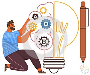 Man Assembling Gears Inside Light Bulb Representing Innovation and Problem Solving