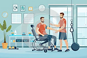 Man assisting his workout partner in a wheelchair at an inclusive gym, promoting accessibility and fitness for everyone