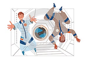 Man Astronaut Character in Outer Space in Spacesuit Flying on Space Shuttle Vector Illustration