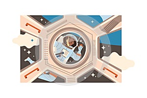 Man Astronaut Character in Outer Space in Spacesuit Looking in Porthole of Shuttle Vector Illustration