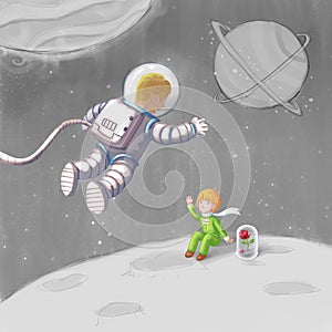 Man Astronaut and Little Princess. Meet Someone in the Travel Series