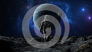Man Astronaut stands on a rocky expanse, a vast blue planet and its moon hanging in the cosmic nebula. Cosmonaut walk. 3d render