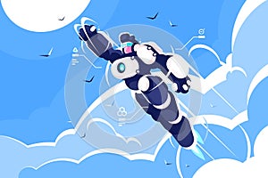 Man astronaut super hero spacesuit flying in sky.