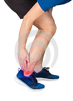 Man athletic legs feeling ankle pain, traumas, physical injury and healthcare concept