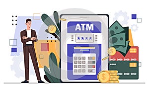 Man with atm in smartphone vector