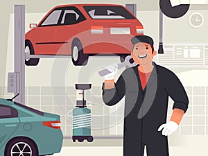 Man auto mechanic in front of a car service or auto repair shop. Character of a smiling guy with a wrench. Vector illustration