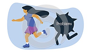 Man avoids problems, girl runs away from troubles, uncomfortable situation, illustration in flat style for psychologists, websites