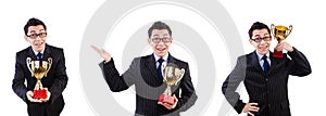 Man awarded with cup isolated on white