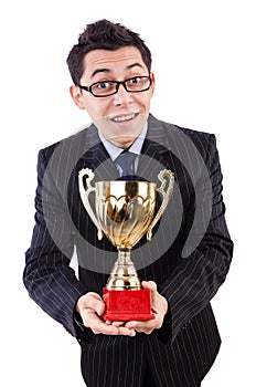 Man awarded with cup isolated