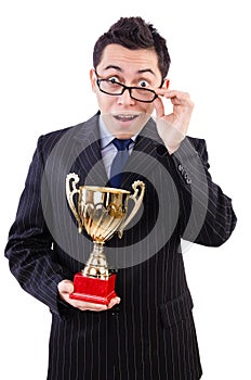 Man awarded with cup isolated