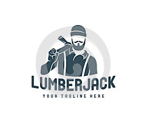 Man with an ax, lumberjack with a beard and mustache, in a knitted hat, logo design. Logger, woodsman, lumberman and hipster, vect photo
