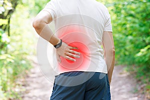 Man with back pain, kidney inflammation, trauma during workout
