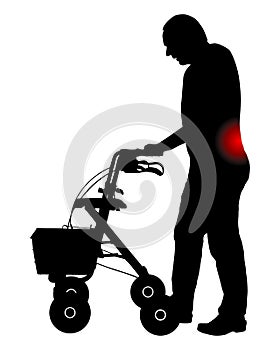 Man with back pain and rollator