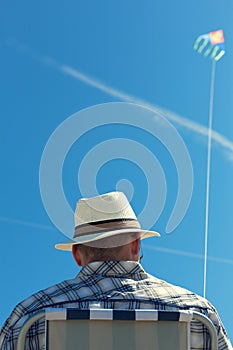 Man back view bottom up unusual perspective travel concept