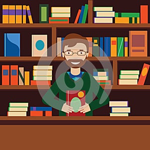 Man on background with bookcase. Librarian or bookstore seller