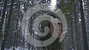 A man with a backpack carries a sleigh through the winter forest. Hiking in the winter forest. Christmas mood