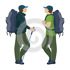 A man with a backpack goes camping. Traveler on a white background.