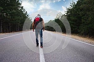 Man with backpack going along road near forest, back view