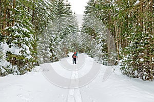 Man with backpack going to winter forest