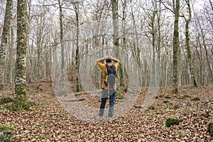 Man with backpack and hands in head walking in forest.Lost in the forest ,lonely concept.Sadness and depression lifestyle outdoors