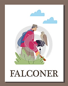 Man with backpack and hawking glove holding falcon bird on nature, cartoon vector Falconer poster, falconry, hunting