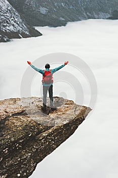 Man with backpack hiker on Trolltunga rocky cliff edge