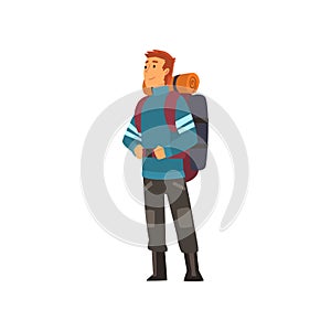 Man with backpack, hiking adventure travel, backpacking trip or expedition vector Illustration