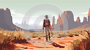 man backpack landscape walking desert footprint travel trek hike adventure journey. Generative AI.