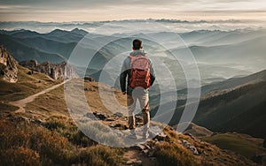 Man with Backpack on Mountain Summit, Enjoying Spectacular View.