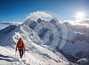 man with a backpack in the mountains. Active mountaineering adventure on top of snowy mountain