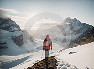 man with a backpack in the mountains. active mountaineering adventure on top of snowy mountain