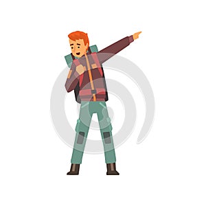 Man with backpack pointing with his finger, outdoor adventures, travel, camping, backpacking trip or expedition vector