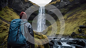 Man with backpack standing in front of waterfall