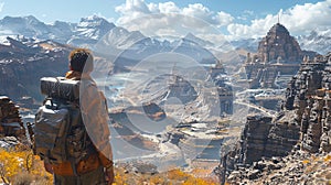 A man with a backpack is standing on a mountain overlooking a large