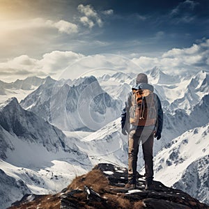 man with backpack standing on mountain peak