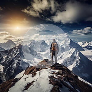 man with backpack standing on mountain peak