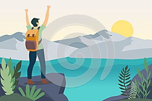 Man with backpack, traveler or explorer standing on top of mountain or cliff and looking on valley. Concept of discovery,