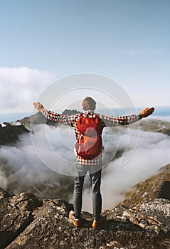 Man with backpack traveling alone hiking outdoor adventure vacation