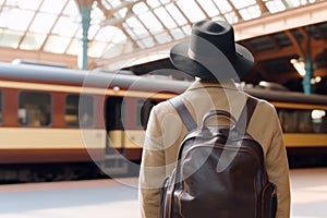 Man with backpack waiting for passenger train to foreign country at station