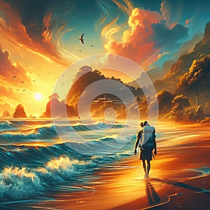 Man with backpack walking on the beach at sunset