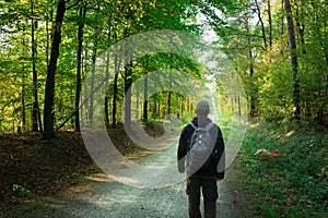 A man with a backpack walking down a forest road
