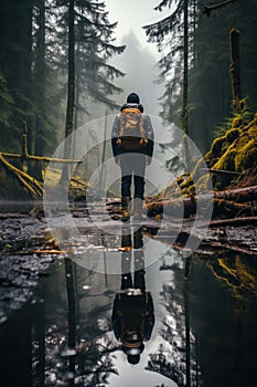 A man with a backpack walking through a forest. Generative AI image.