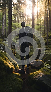 A man with a backpack walking through a forest. Generative AI image.